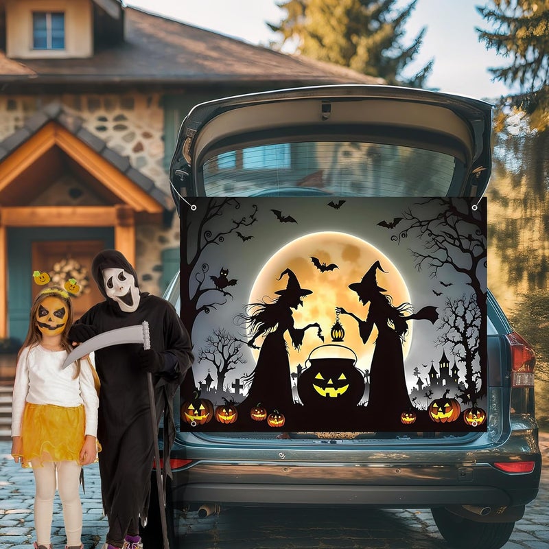 Pedel Halloween Trunk Or Treat Car Decoration Kits for Suv Banner, Halloween Moon Witch Backdrop Banner for Archway Garage Door Haunted House Car Trunk Décor - Image 4
